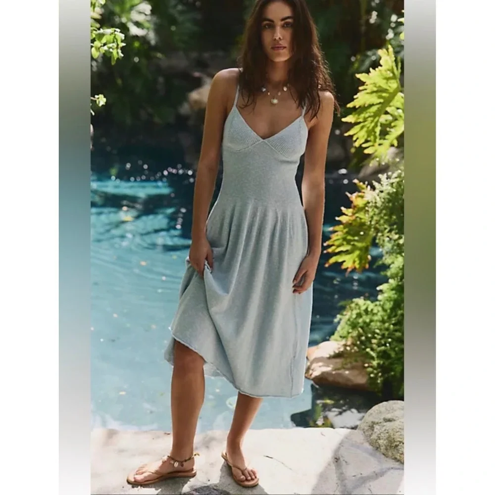 Free People Tula Sweater Starlight Blue Knit Maxi Dress V-Neck Tie Back S NWT